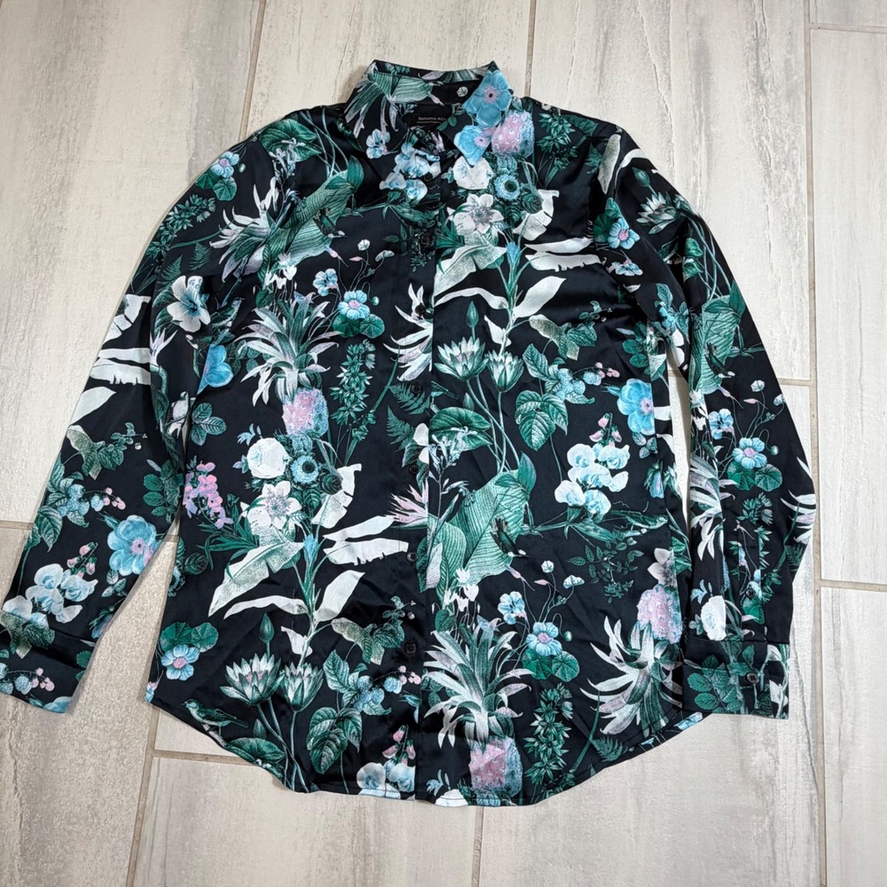 Banana Republic‎ Dillon Juli Floral Button Down Shirt Black Green Tropical Small